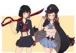  2girls bang_dream! bangs black_cape black_hair black_headwear black_shirt black_skirt blue_neckwear blue_skirt bob_cut bracelet brown_hair cape cosplay crescent crop_top frown gloves hand_on_own_arm hazawa_tsugumi jewelry kill_la_kill long_sleeves look-alike looking_at_viewer mankanshoku_mako matoi_ryuuko matoi_ryuuko_(cosplay) mitake_ran mouth_hold multicolored_hair multiple_girls neckerchief over_shoulder purple_eyes red_gloves red_hair red_neckwear res2shuu school_uniform scissor_blade senketsu serafuku shirt short_hair simple_background single_glove skirt spiked_bracelet spikes star streaked_hair suspenders weapon weapon_over_shoulder yellow_background 