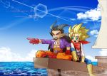  2boys :d aqua_eyes belt black_hair blonde_hair blue_pants boat boots brown_footwear brown_gloves cloud dated dragon_quest dragon_quest_builders_2 gloves happy knee_boots long_hair looking_away male_builder_(dqb2) male_focus multiple_boys nishizawa_ichiya open_mouth orange_pants pants pointing pointy_ears ponytail purple_shirt red_eyes red_footwear red_gloves red_scarf scarf shirt shoes sidoh_(dqb2) signature sitting skull_belt sky smile spiked_hair translation_request watercraft white_shirt 
