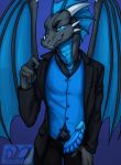  2019 4_fingers animal_genitalia animal_penis anthro arc bedroom_eyes black_scales blue_background blue_countershading blue_eyes blue_penis blue_scales bottomwear button-up claws clothed clothing countershade_tail countershade_torso countershading crest dragon erection fingers frill_(anatomy) front_view genital_slit gradient_background grey_scales half-closed_eyes hand_on_leg head_frill hi_res horn idoodle2draw inviting jeans looking_at_viewer male manly membrane_(anatomy) membranous_frill membranous_wings overshirt pants penis penis_through_fly pinup poking_out portrait pose presenting presenting_penis purple_background ribbed_penis ridged_penis scales scalie seductive sharp_teeth shirt signature simple_background slit smile smirk solo spikes standing suit teasing teeth topwear unbuttoned underwear undressing unzipped vest wings 
