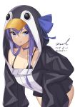  1girl :q animal_costume bangs bikini black_bikini blue_eyes blue_ribbon breasts choker cleavage closed_mouth collarbone cowboy_shot dated fate/grand_order fate_(series) hair_between_eyes leaning_forward long_hair long_sleeves looking_at_viewer meltryllis_(swimsuit_lancer)_(fate) penguin_costume purple_hair ribbon signature simple_background sleeves_past_fingers sleeves_past_wrists smile solo swimsuit tongue tongue_out twitter_username unel v-shaped_eyebrows white_background 