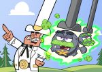  1boy aura beard bow bowtie closed_eyes cloud cowboy_hat crossover day doug_dimmadome eyebrows facial_hair formal fusion galarian_form galarian_weezing gen_8_pokemon hat mustache open_mouth outdoors parody pointing pokemon pokemon_(creature) purple_eyes siczak signature sky smoke style_parody suit the_fairly_oddparents trait_connection tree tusks white_suit 