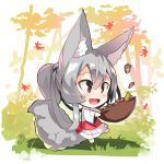  1girl :d acorn animal_ear_fluff animal_ears autumn_leaves bangs barefoot blush bowl chibi commentary_request eyebrows_visible_through_hair fox_ears fox_girl fox_tail full_body grey_hair hair_between_eyes hair_rings holding holding_bowl japanese_clothes kimono long_hair long_sleeves looking_away obi open_mouth original patches pink_hair red_eyes sash sidelocks smile solo standing standing_on_one_leg tail tail_raised tree very_long_hair white_kimono wide_sleeves yuuji_(yukimimi) 