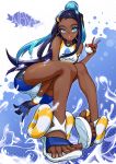  1girl aqua_eyes aqua_hair arm_between_legs black_hair dark_skin earrings eyeliner eyeshadow feet forehead gloves gym_leader hair_bun holding holding_poke_ball hoop_earrings jewelry legs long_hair makeup multicolored_hair necklace open_mouth partly_fingerless_gloves poke_ball pokemon pokemon_(game) pokemon_swsh rurina_(pokemon) sandals silversirius single_glove sportswear swimsuit tankini toes two-tone_hair water wristband 