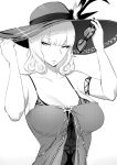  1girl armlet breasts carmilla_(fate/grand_order) carmilla_(swimsuit_rider)_(fate) commentary dress english_commentary fate/grand_order fate_(series) greyscale hand_on_headwear hat highres holding holding_eyewear large_breasts long_hair looking_at_viewer monochrome naoko_(9113419) simple_background solo sun_hat sunglasses upper_body white_background 