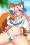  1girl alina_pegova animal_ear_fluff animal_ears bangs bare_shoulders beach bikini blush bow breasts cleavage eyebrows_visible_through_hair fate/extra fate_(series) flower flower_bracelet fox_ears fox_girl fox_tail frilled_bikini frills hair_between_eyes hair_bow horizon large_breasts long_hair looking_at_viewer nail_polish navel ocean open_mouth pink_hair sand sidelocks smile solo swimsuit tail tamamo_(fate)_(all) tamamo_no_mae_(fate) teeth thighs twintails water yellow_eyes 