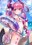  1girl arm_garter ass beach bikini blue_eyes blush breasts choker dragon_horns dragon_tail drinking elizabeth_bathory_(brave)_(fate) elizabeth_bathory_(fate)_(all) eyebrows_visible_through_hair fate/extra fate/extra_ccc fate/grand_order fate_(series) highres holding horns innertube looking_at_viewer looking_back outdoors pink_hair pointy_ears sand scrunchie sky small_breasts smile swimsuit tail toshi_gahara wet wrist_scrunchie 