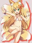  1girl :d animal_ear_fluff animal_ears bangle bangs bare_legs barefoot bikini blonde_hair blush bracelet breasts bullseye1203 collarbone commentary covered_nipples eyebrows_visible_through_hair fang fox_ears fox_girl fox_tail green_eyes grey_background hair_between_eyes hair_ribbon jewelry kyuubi long_hair looking_away looking_to_the_side mon-musu_quest! multiple_tails navel open_mouth outstretched_arm red_ribbon ribbon small_breasts smile solo standing standing_on_one_leg swimsuit tail tamamo_(mon-musu_quest!) v-shaped_eyebrows very_long_hair white_bikini 