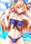  1girl absurdres beach bikini blue_bikini blue_sky breasts brown_eyes cleavage cloud collarbone commentary_request cowboy_shot day dutch_angle food groin highres ice_cream johnston_(kantai_collection) kantai_collection kentan_(kingtaiki) large_breasts light_brown_hair light_rays long_hair looking_at_viewer navel ocean one_eye_closed outdoors sky solo sunbeam sunlight swimsuit tongue tongue_out two_side_up 