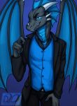  2019 4_fingers anthro arc bedroom_eyes black_scales blue_background blue_countershading blue_eyes blue_scales bottomwear button-up claws clothed clothing countershade_tail countershade_torso countershading crest dragon fingers frill_(anatomy) front_view gradient_background grey_scales half-closed_eyes hand_on_leg head_frill hi_res horn idoodle2draw inviting jeans looking_at_viewer male manly membrane_(anatomy) membranous_frill membranous_wings overshirt pants portrait pose purple_background scales scalie seductive sharp_teeth shirt signature simple_background smile smirk solo spikes standing suit teasing teeth topwear vest wings 