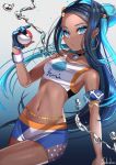  1girl aqua_eyes aqua_hair armlet belly_chain black_hair choker dark_skin earrings eyeliner gloves gym_leader highres holding holding_poke_ball hoop_earrings jewelry long_hair makeup multicolored_hair navel partly_fingerless_gloves poke_ball pokemon pokemon_(game) pokemon_swsh rurina_(pokemon) sakidoro single_glove sportswear swimsuit tankini two-tone_hair water wristband 