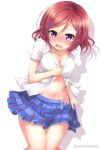  1girl blue_skirt blush breasts cleavage collarbone covered_nipples crying highres looking_at_viewer love_live! love_live!_sunshine!! medium_breasts navel nishikino_maki no_bra no_panties open_clothes open_mouth open_shirt open_skirt otonokizaka_school_uniform plaid plaid_skirt pleated_skirt purple_eyes red_hair sakurai_makoto_(custom_size) school_uniform shirt shirt_hold short_hair short_sleeves skirt skirt_hold solo twitter_username wavy_mouth white_background white_shirt 