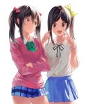  2girls asymmetrical_hair bangs black_hair blue_skirt bow bracelet brown_eyes bunbun_(midukikome) collared_shirt cowboy_shot crossed_arms hair_between_eyes hair_bow highres jewelry long_sleeves looking_at_another love_live! love_live!_school_idol_project multiple_girls older open_mouth pleated_skirt ponytail red_bow shirt short_sleeves siblings sidelocks simple_background sisters skirt smile sweater twintails white_background yazawa_kokoro yazawa_nico yellow_bow 