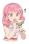  1girl bang_dream! bangs bd_ayknn dress eating food frilled_dress frills hairband holding holding_food maruyama_aya pickle pink_dress pink_eyes pink_hair sandwich simple_background solo spilling striped striped_dress sweatdrop upper_body white_background 