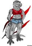  clothing dinosaur female hi_res jean_short muscular rachel red_clothing red_shirt red_topwear reptile scalie shirt solo stripes theropod topwear tyrannosaurid tyrannosaurus tyrannosaurus_rex weights 