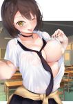  1girl ;p absurdres ashita_no_sakuya azur_lane baltimore_(after-school_ace)_(azur_lane) baltimore_(azur_lane) bandaid bandaids_on_nipples bangs black_neckwear blush braid breasts brown_hair chalkboard choker classroom collared_shirt commentary_request desk hair_between_eyes highres indoors large_breasts looking_at_viewer necktie no_bra one_breast_out one_eye_closed pasties pleated_skirt school school_desk school_uniform self_shot shirt short_hair short_sleeves skirt solo tongue tongue_out white_shirt yellow_eyes 