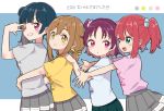  4girls :d :o alternate_hairstyle aqua_eyes bangs blue_background blue_hair blue_shirt blush brown_hair color_guide commentary_request from_side grey_shirt grey_skirt grin hair_bobbles hair_ornament hug hug_from_behind izumi_kirifu kazuno_leah kunikida_hanamaru kurosawa_ruby love_live! love_live!_sunshine!! low_twintails multiple_girls one_eye_closed open_mouth pink_shirt pleated_skirt purple_eyes purple_hair red_hair shirt side_bun side_ponytail simple_background skirt smile tsushima_yoshiko twintails two_side_up w_over_eye yellow_eyes yellow_shirt 