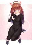  1girl animal_ears black_bodysuit blush bodysuit brown_hair eyebrows_visible_through_hair fake_animal_ears full_body fur_bracelet fur_collar fur_trim hairband long_hair looking_at_viewer original purinpu purple_eyes solo 