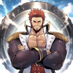  1boy alternate_facial_hair bara beard blue_eyes brown_hair cannon commission cross_scar crossed_arms epaulettes facial_hair fate/grand_order fate_(series) fringe_trim frown fuse_ryuuta grin highres huge_weapon jacket large_pectorals leather leather_jacket long_sleeves looking_at_viewer male_focus mature_male military military_uniform muscular muscular_male napoleon_bonaparte_(fate) open_clothes open_jacket open_shirt partially_unbuttoned pectoral_cleavage pectoral_lift pectorals scar scar_on_chest short_hair sideburns skeb_commission smile solo uniform upper_body weapon 