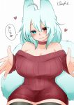  1girl ahoge animal_ears aqua_hair bare_shoulders black_legwear blue_eyes blush breasts choker commentary_request curvy dress eyebrows_visible_through_hair fox_ears fox_tail heart heterochromia incoming_hug kasagland large_breasts light_smile medium_hair off-shoulder_sweater off_shoulder original outstretched_arms red_eyes red_sweater signature sleeves_past_wrists solo sweater sweater_dress tail thighhighs white_background zettai_ryouiki 