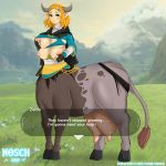  1:1 2019 4_breasts absurd_res alternate_species blonde_hair blush bovid bovid_taur bovine bovine_taur breasts breath_of_the_wild cattle cattle_taur clothing female grass green_eyes hair hand_on_breast hi_res hooves horn humanoid_pointy_ears mammal mammal_taur mountain multi_breast nintendo nipples nosch outside post_transformation princess_zelda screencap_background solo standing taur teats the_legend_of_zelda torn_clothing udders video_games 