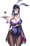  1girl animal_ears bangs blue_eyes breast_hold breasts bunny_day bunny_ears bunnysuit cherry cleavage closed_mouth cocktail cocktail_glass collarbone commentary_request covered_navel cup detached_collar drinking_glass fake_animal_ears fingernails food fruit highres holding honjou_raita large_breasts leotard long_hair mahou_shoujo_(raita) pantyhose purple_hair shiny shiny_clothes shiny_hair shiny_skin sidelocks simple_background solo strapless strapless_leotard suzuhara_misae tray white_background wrist_cuffs 