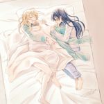  2girls ayase_eli bangs bed blanket blonde_hair blue_hair closed_eyes commentary_request eyebrows_visible_through_hair hair_between_eyes holding_pants long_hair long_sleeves love_live! love_live!_school_idol_project lying multiple_girls no_pants on_back on_side open_mouth pajamas pants pants_removed pillow sleeping smile sonoda_umi suito under_covers yuri 
