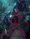  1girl artist_name ass bamboo bamboo_forest bangs black_panties blue_hair commentary_request copyright_name crusaders_quest forest from_side glowing glowing_eyes hair_ribbon highres holding holding_sword holding_weapon japanese_clothes katana kimono long_hair looking_at_viewer nature outdoors panties pink_kimono pink_ribbon ponytail red_eyes ribbon solo stairs sword tagme underwear very_long_hair wangxiii weapon wide_sleeves 