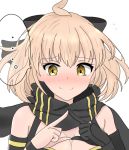  ... 1girl ahoge atsumisu bangs bare_shoulders black_bow black_gloves black_scarf blush bow breasts cleavage closed_mouth commentary_request eyebrows_visible_through_hair fate/grand_order fate_(series) fingers_together flying_sweatdrops gloves hair_between_eyes hair_bow hands_up light_brown_hair medium_breasts nervous_smile nose_blush okita_souji_(fate)_(all) okita_souji_(swimsuit_assassin)_(fate) orange_eyes scarf simple_background single_glove solo spoken_ellipsis tears upper_body wavy_mouth white_background 