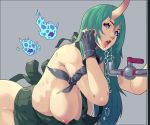  1girl absurdres arknights arm_ribbon black_gloves black_ribbon breasts commentary_request drinking drinking_fountain eyelashes faucet fengmo fingerless_gloves gloves green_hair grey_background groin hair_between_eyes hair_tousle hanging_breasts highres horn hoshiguma_(arknights) large_breasts leaning_forward long_hair looking_at_viewer naked_overalls nipples oni_horns open_mouth overalls purple_eyes ribbon sidelocks simple_background solo suspenders water water_drop 