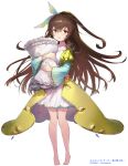  1girl barefoot bow brown_eyes brown_hair company_name dress full_body hair_bow hayama_eishi highres holding holding_pillow hortensia_saga long_hair looking_at_viewer official_art pillow puffy_sleeves simple_background solo standing very_long_hair white_background 