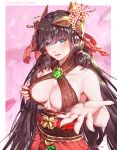  1girl artist_name bangs bare_shoulders black_hair blue_eyes blush breasts cleavage collarbone copyright_name crusaders_quest dress eyebrows_visible_through_hair flower hair_flower hair_ornament highres large_breasts long_hair looking_at_viewer low_twintails red_dress smile solo tagme twintails upper_teeth very_long_hair wangxiii 