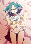  bikini blue_hair breasts cleavage gesugesu_ahoaho green_eyes long_sleeves lying monogatari_(series) on_back ononoki_yotsugi red-framed_eyewear school_uniform serafuku short_twintails side-tie_bikini skirt skirt_removed small_breasts striped striped_bikini swimsuit twintails 