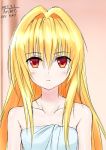  1girl 2017 bangs blonde_hair closed_mouth collarbone dated eyebrows_visible_through_hair hair_intakes highres konjiki_no_yami long_hair looking_at_viewer naked_towel red_eyes shiny shiny_hair signature sketch solo to_love-ru towel traveler_(artbbt) upper_body 