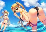  2girls :d armlet arms_up ass ball bangs beachball bent_over between_breasts bikini blonde_hair blue_eyes bracelet breasts butterfly_hair_ornament choker frilled_bikini_top green_eyes hair_between_eyes hair_ornament hairclip hand_on_own_knee heterochromia highres hyui_cf2 jacket jewelry kneepits large_breasts long_hair long_sleeves looking_at_viewer looking_back micro_bikini multiple_girls ocean open_clothes open_jacket open_mouth original parted_bangs polka_dot_bikini_bottom ribbon siblings side_ponytail sisters sky smile standing strap_gap sunglasses swimsuit thigh_strap twins twintails underboob very_long_hair wading wrist_ribbon yuki_(hyui_cf2) yuri_(hyui_cf2) 