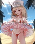  1girl :d bangs bare_arms bare_shoulders beach bikini black_bow blonde_hair blue_sky blush bow cloud cloudy_sky collarbone commentary_request day diving_mask diving_mask_on_head eyebrows_visible_through_hair fur_hat girls_frontline hair_bow hat highleg highleg_bikini highres holding holding_instrument horizon innertube instrument long_hair nagant_revolver_(girls_frontline) ocean open_mouth outdoors red_bow red_eyes russian_text sand side-tie_bikini sky smile snorkel solo striped striped_bow swept_bangs swimsuit take_(trude1945oneetyan) translation_request very_long_hair water white_headwear 