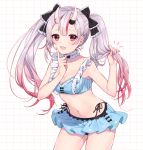  1girl bare_shoulders bikini bikini_skirt black_bikini_bottom blue_bikini blue_bikini_top breasts choker earrings eyebrows_visible_through_hair fang frilled_bikini frilled_choker frills grey_hair hololive horns jewelry long_hair multicolored_hair nakiri_ayame navel oni_horns open_mouth pink_hair red_eyes side-tie_bikini small_breasts smile solo striped striped_bikini swimsuit twintails two-tone_hair usano virtual_youtuber 