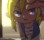  1girl bandages bangs blonde_hair blue_eyes blurry blurry_foreground close-up collarbone dark_skin depth_of_field flat_chest foreshortening leaning_forward looking_at_viewer neckerchief nintendo open_mouth outstretched_arm outstretched_hand pointy_ears pov shorts sidelocks solo tetra the_legend_of_zelda the_legend_of_zelda:_the_wind_waker ukata 