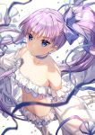  1girl bare_shoulders blue_bow blue_eyes bow bubble choker collarbone earrings eyebrows_visible_through_hair fate/grand_order fate_(series) frills from_above hair_bow jewelry long_hair meltryllis meltryllis_(swimsuit_lancer)_(fate) midriff navel prosthesis prosthetic_leg purple_hair rosuuri side_ponytail simple_background solo swimsuit tsurime very_long_hair white_background 