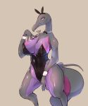  bedroom_eyes big_breasts breasts brown_background bunny_costume busty_feral clothed clothed_feral clothing costume fake_ears female feral half-closed_eyes huge_breasts nintendo pok&eacute;mon pok&eacute;mon_(species) purple_eyes salazzle seductive simple_background smile solo tetto thick_thighs video_games wide_hips 