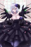  1girl alina_pegova arachne bare_shoulders black_dress black_gloves blue_flower breasts carapace cleavage commission dress elbow_gloves extra_eyes flower gloves hair_between_eyes half-closed_eyes happy incoming_hug insect_girl large_breasts looking_at_viewer monster_girl monster_musume_no_iru_nichijou no_pupils open_hands open_mouth outstretched_arms parted_lips pov rachnera_arachnera reaching_out red_eyes short_hair silver_hair smile solo spider_girl stairs watermark web_address white_hair 