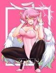  1girl 2019 angel_wings animal_ears artist_name blush breasts bunny_ears bunny_girl bunny_tail bunnysuit commentary commission cross drooling english_commentary fake_animal_ears fake_tail feathered_wings gradient_hair halo high_heels highres jibril_(no_game_no_life) large_breasts leotard long_hair looking_at_viewer low_wings magic_circle multicolored_hair no_game_no_life open_mouth pantyhose pink_background pink_footwear pink_hair pink_leotard solo strapless strapless_leotard symbol-shaped_pupils tail tattoo very_long_hair white_wings wing_ears wings wrist_cuffs yellow_eyes zexen 