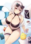  1girl apple azur_lane bag bangs bare_shoulders between_breasts bikini black_bikini blush book breasts cellphone cleavage closed_mouth collarbone eyebrows_visible_through_hair eyewear_on_head food from_above fruit hair_between_eyes huge_breasts innertube jokerace03 looking_at_viewer looking_up low_ponytail navel open_book phone red-framed_eyewear see-through shawl short_hair sirius_(midsummer_seirios)_(azur_lane) sitting smartphone solo sunglasses swimsuit thigh_strap thighs v-shaped_eyebrows 