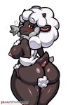 2019 absurd_res anthro anthrofied big_breasts big_butt blush bovid breasts butt caprine female fur half-closed_eyes hi_res horn lollipopcon looking_back mammal nintendo nipples pok&eacute;mon pok&eacute;mon_(species) pok&eacute;morph simple_background smile solo thick_thighs video_games wool_(fur) wooloo 
