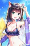  1girl :d absurdres ahoge animal_ear_fluff animal_ears aqua_eyes arm_up armpits bare_shoulders bikini black_hair blue_bikini blue_sky breasts cat_ears cat_girl cleavage collarbone dana_(hapong07) day eyewear_on_head fang glasses groin halter_top halterneck hand_on_eyewear highres innertube jacket kyaru_(princess_connect) large_breasts lens_flare long_hair looking_at_viewer low_twintails multicolored_hair navel ocean off_shoulder open_clothes open_jacket open_mouth outdoors princess_connect! princess_connect!_re:dive purple_jacket shorts sky smile solo stomach strap_gap streaked_hair sunlight swimsuit twintails upper_body very_long_hair water white-framed_eyewear white_hair white_shorts 