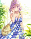  1girl bag bangs bare_arms bare_shoulders blue_dress blush breasts cherim cleavage closed_mouth collarbone dress fate/grand_order fate_(series) hair_between_eyes hand_up highres large_breasts long_dress looking_at_viewer mash_kyrielight plaid plant purple_eyes purple_hair short_hair shoulder_bag sleeveless sleeveless_dress smile solo sunlight 