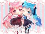  2girls :d animal_ear_fluff animal_ears bangs black_dress black_footwear black_legwear blue_bow blue_eyes blue_hair blurry blurry_background blush bow braid breasts brown_dress cat_ears cat_girl cat_tail chibi collared_dress commentary_request depth_of_field dress eyebrows_visible_through_hair hair_between_eyes hair_bow highres long_hair long_sleeves medium_breasts mirai_(happy-floral) multiple_girls one_eye_closed open_mouth original outstretched_arm pantyhose parted_lips pink_hair purple_eyes red_bow red_footwear shirt shoes side_braid sleeveless sleeveless_dress smile striped striped_background tail twintails vertical-striped_background vertical_stripes very_long_hair white_legwear white_shirt 