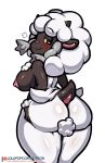  2019 absurd_res anthro anthrofied big_breasts big_butt blush bovid breasts butt caprine clothed clothing female fur half-closed_eyes hi_res horn lollipopcon looking_back mammal nintendo nipples pok&eacute;mon pok&eacute;mon_(species) pok&eacute;morph simple_background smile solo thick_thighs topless video_games wool_(fur) wooloo 