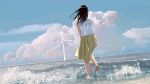  1girl barefoot beach black_hair blue_sky breaking_wave cloud cloudy_sky day dutch_angle facing_away from_behind full_body horizon long_hair ocean oekaki_nanana original outdoors scenery shirt skirt sky sleeveless sleeveless_shirt solo wading waves white_shirt wide_shot wind_turbine windmill yellow_skirt 