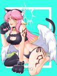  1girl 2019 :3 angel_wings animal_ears aqua_background artist_name bell bell_collar black_bra black_panties bra breasts cat_cutout cat_ear_panties cat_ears cat_girl cat_lingerie cat_paws cat_tail cleavage_cutout collar commentary commission cross english_commentary fake_animal_ears fake_tail fang feathered_wings gloves gradient_hair halo highres jibril_(no_game_no_life) large_breasts lingerie long_hair looking_at_viewer low_wings magic_circle meme_attire multicolored_hair no_game_no_life open_mouth panties paw_gloves paw_pose paws pink_hair side-tie_panties single_thighhigh smile solo symbol-shaped_pupils tail tattoo thighhighs underwear underwear_only very_long_hair white_wings wing_ears wings yellow_eyes zexen 