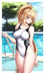  1girl absurdres bangs blue_eyes blurry blurry_background blush breasts collarbone competition_swimsuit covered_navel cowboy_shot day eyebrows_visible_through_hair fate/grand_order fate_(series) high_ponytail highres jeanne_d&#039;arc_(fate)_(all) jeanne_d&#039;arc_(swimsuit_archer) large_breasts long_hair looking_at_viewer one-piece_swimsuit open_mouth outdoors ponytail pool skindentation solo swimsuit very_long_hair whistle white_swimsuit xiao_gen 